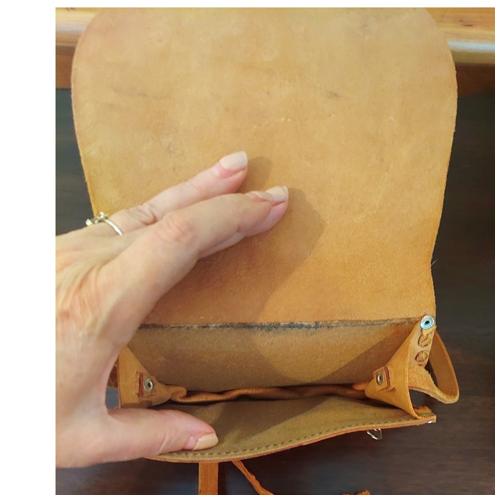 Hand Painted Indie Leather Crossbody Bag Artisan Surrealist Landscape Green Tan - Picture 3 of 5